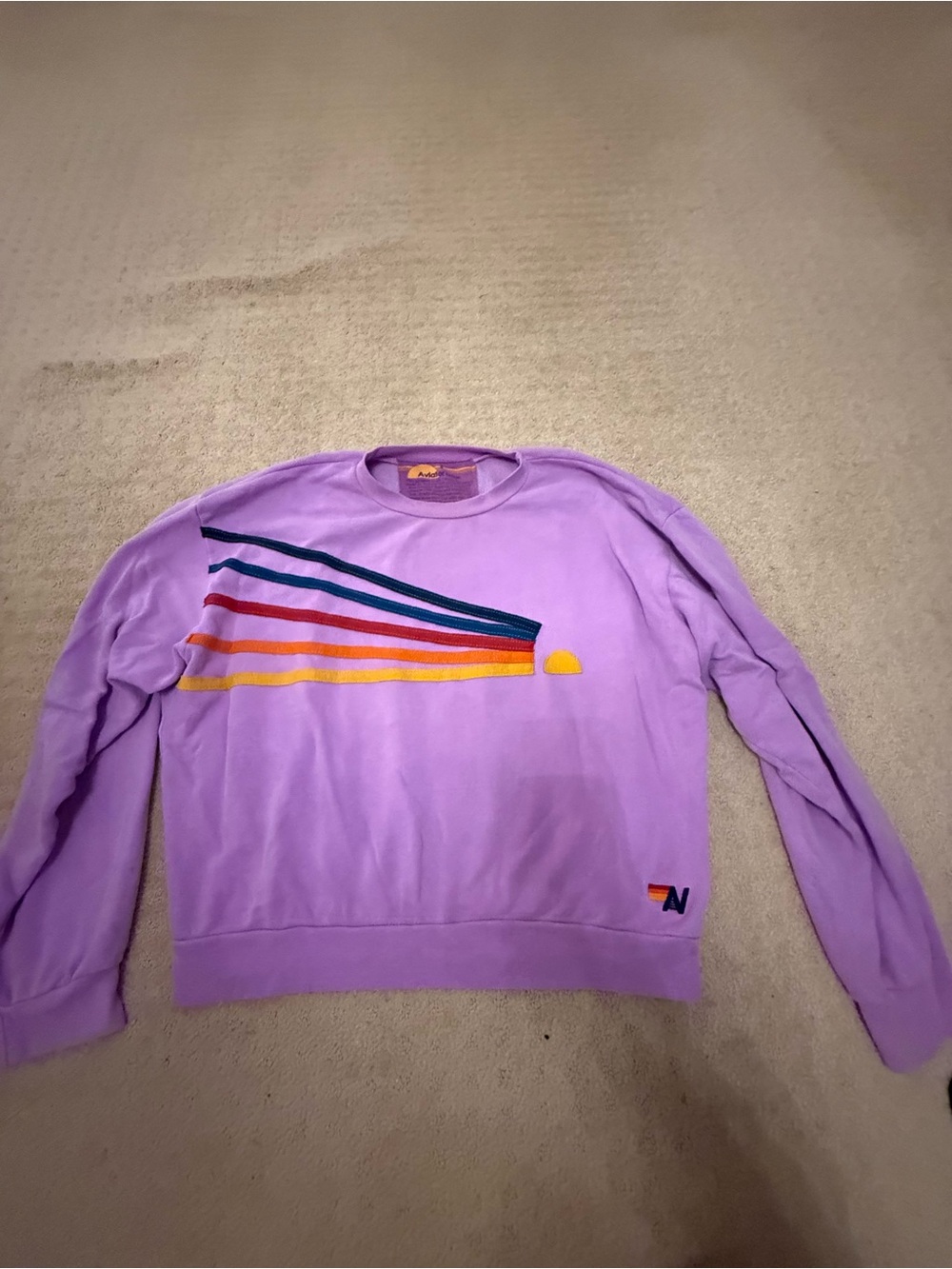 Aviator Nation Lavender Crewneck Sweatshirt with Multicolor Stripe Sun